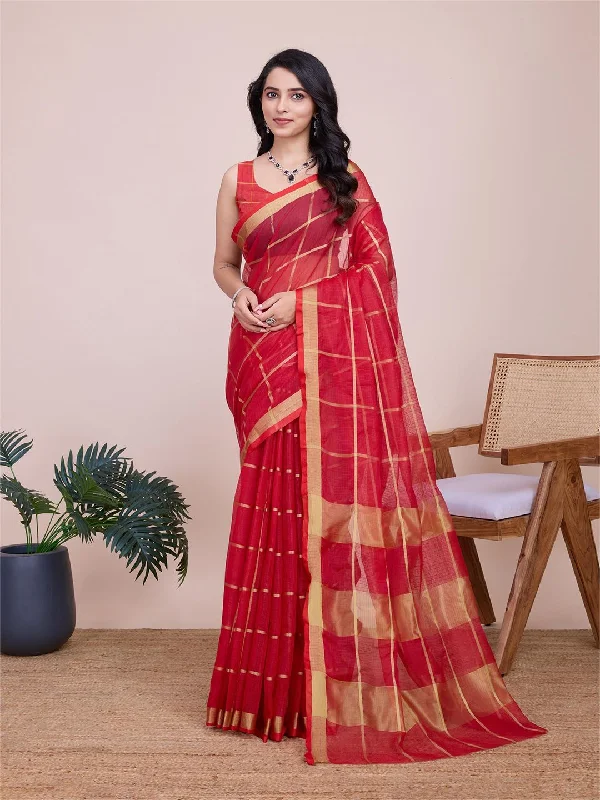Mitera Checked Zari Saree With Blouse Piece Modern Work Blouse