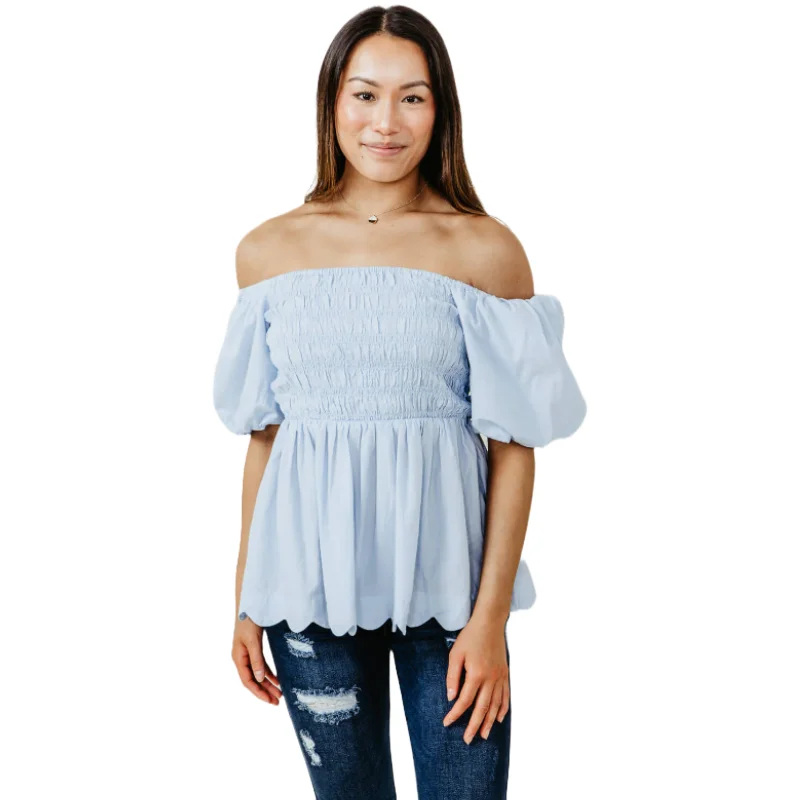 Simply Southern Puff Scallop Sky Blue Blouse 0124-BLSE-PUFFSCLP-SKY Satin Long Blouse