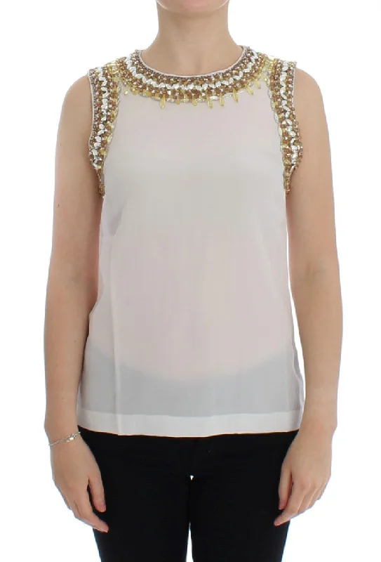 Dolce & Gabbana Elegant Sleeveless Silk Blouse with Crystal Women's Embellishment Floral Print Blouse Dolce & Gabbana Elegant Sleeveless Silk Blouse with Crystal Women's Embellishment Floral Print Blouse