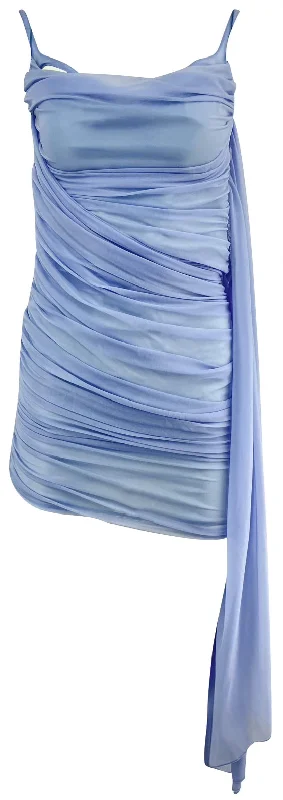 Mugler Rouched Mini Dress in Silver Blue Classic Striped Mini Dress