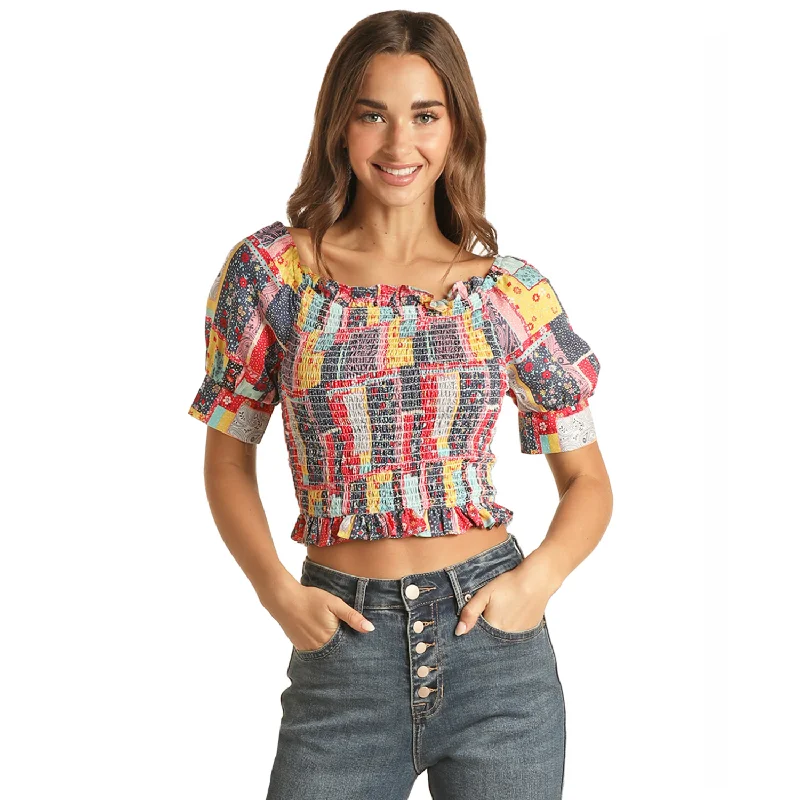 Rock & Roll® Ladies Smocked Color Blocked Print Blouse RRWT51RZN3 Chic Wrap Blouse