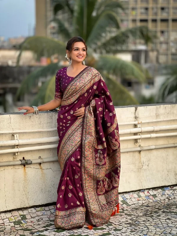 Magenta Pashmina Silk Wevon Kashmiri Meenakari Designer Saree with Unstitched Blouse - Vandini Balloon Sleeve Blouse Magenta Pashmina Silk Wevon Kashmiri Meenakari Designer Saree with Unstitched Blouse - Vandini Balloon Sleeve Blouse