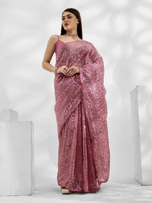 Pink Net Organza Sequance,Thread Embroidery Work Saree with Unstitched Blouse - Vandini Side Tie Blouse Pink Net Organza Sequance,Thread Embroidery Work Saree with Unstitched Blouse - Vandini Side Tie Blouse