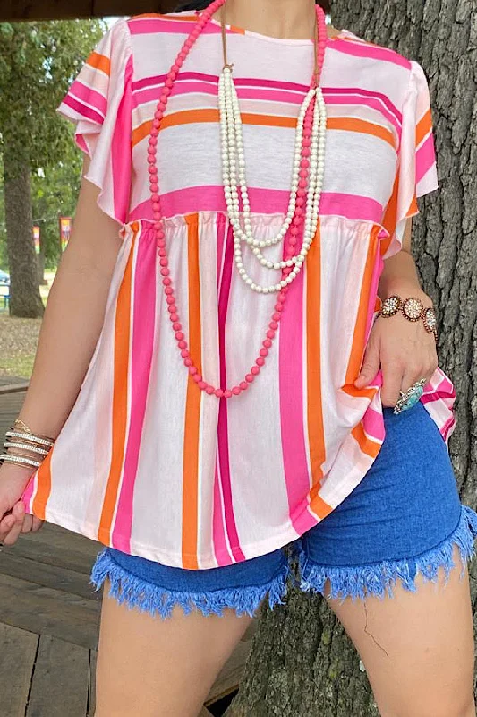 GJQ13386 Multi color striped baby doll blouse Frilled Cuff Blouse