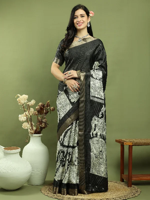 Jyoti Fashion Women's Black Silk Blend Print with Checks Jari Weaving Pattrn Saree with Blouse Feminine Satin Blouse Jyoti Fashion Women's Black Silk Blend Print with Checks Jari Weaving Pattrn Saree with Blouse Feminine Satin Blouse