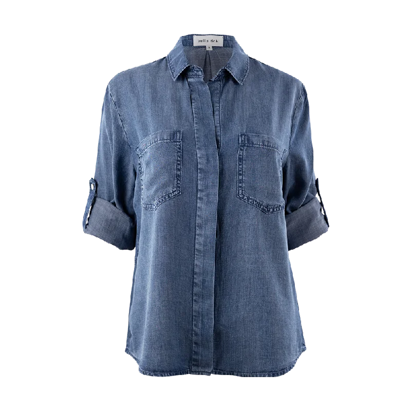Denim Split Back Button Down Blouse Wrap Front Blouse