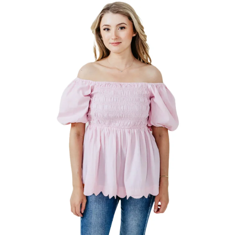 Simply Southern Ladies Puff Scallop Light Pink Blouse 0124-BLSE-PUFFSCLP-LTPINK Soft Knit Blouse Simply Southern Ladies Puff Scallop Light Pink Blouse 0124-BLSE-PUFFSCLP-LTPINK Soft Knit Blouse