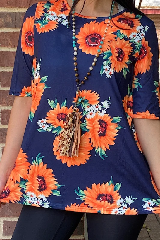 BQ13817 BLUE ORANGE FLORAL PRINT BLOUSE Elegant Lace Blouse
