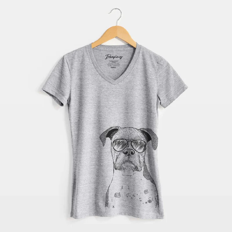 Aviator Daisy the Boxer - Women's V-neck Shirt-- Graphic Embroidered Appliqued