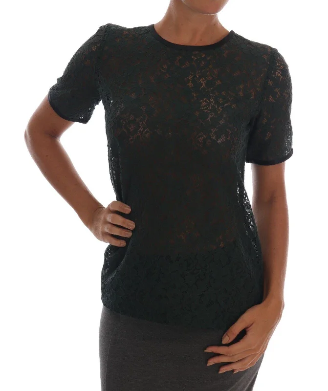 Dolce & Gabbana Dark Green Floral Lace Short Sleeve Women's Blouse Delicate Pleat Blouse