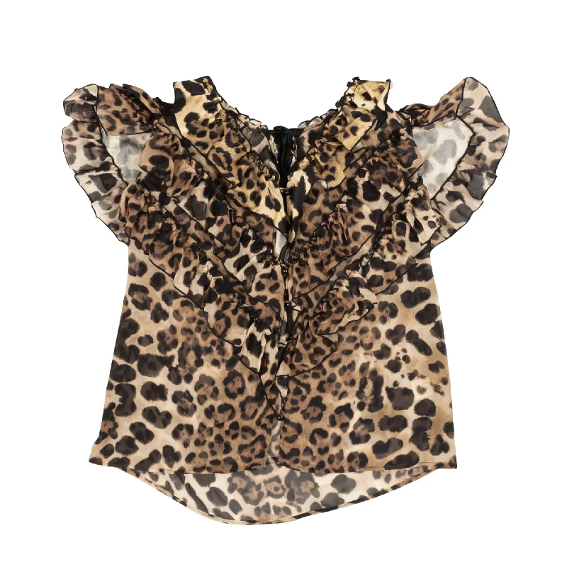 RODARTE Brown Leopard Print Silk Short Sleeve Blouse Polished Work Blouse