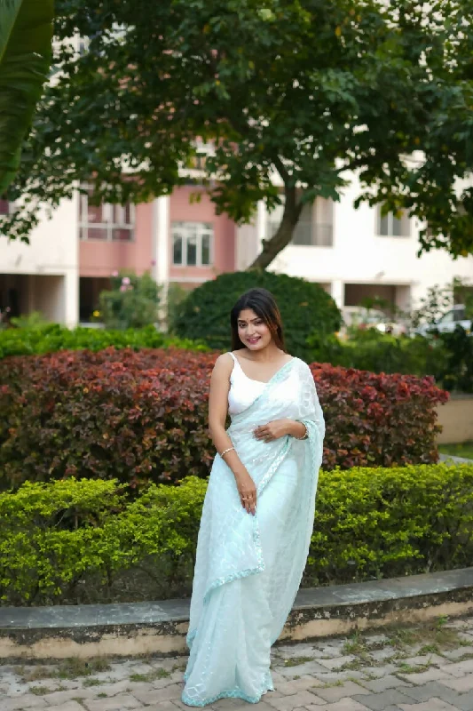 Light Blue Georgette Sequance Embroidery Work Saree with Unstitched Blouse - Vandini Embroidered Cotton Blouse Light Blue Georgette Sequance Embroidery Work Saree with Unstitched Blouse - Vandini Embroidered Cotton Blouse