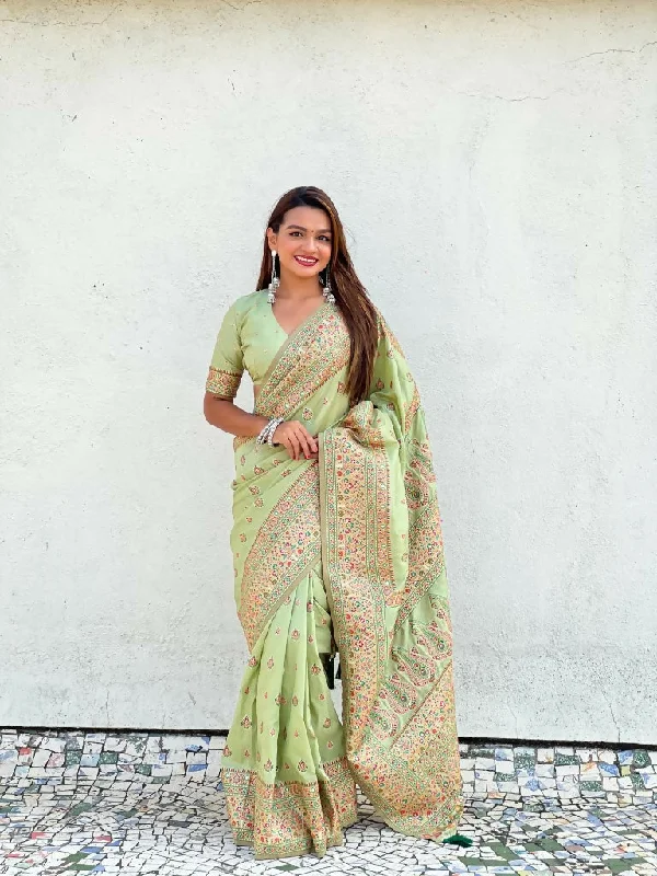 Pista Pashmina Silk Wevon Kashmiri Meenakari Designer Saree with Unstitched Blouse - Vandini Loose Oversized Blouse Pista Pashmina Silk Wevon Kashmiri Meenakari Designer Saree with Unstitched Blouse - Vandini Loose Oversized Blouse
