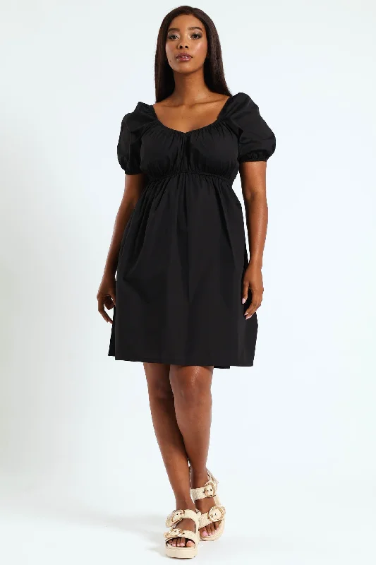 Puff Sleeve Babydoll Mini Dress - Black Elegant Mini Dress with Pleats