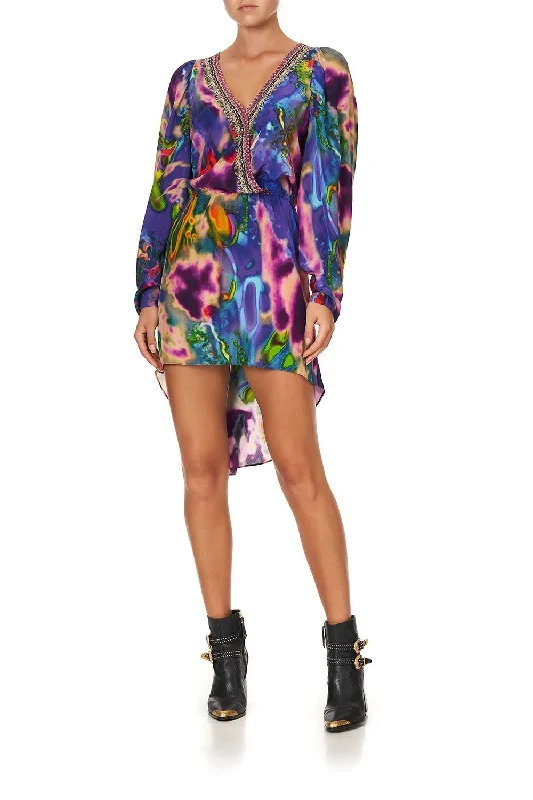 CROSS FRONT HIGH LOW MINI DRESS ACID ABBEY Fashionable Boho-Chic Mini Dress