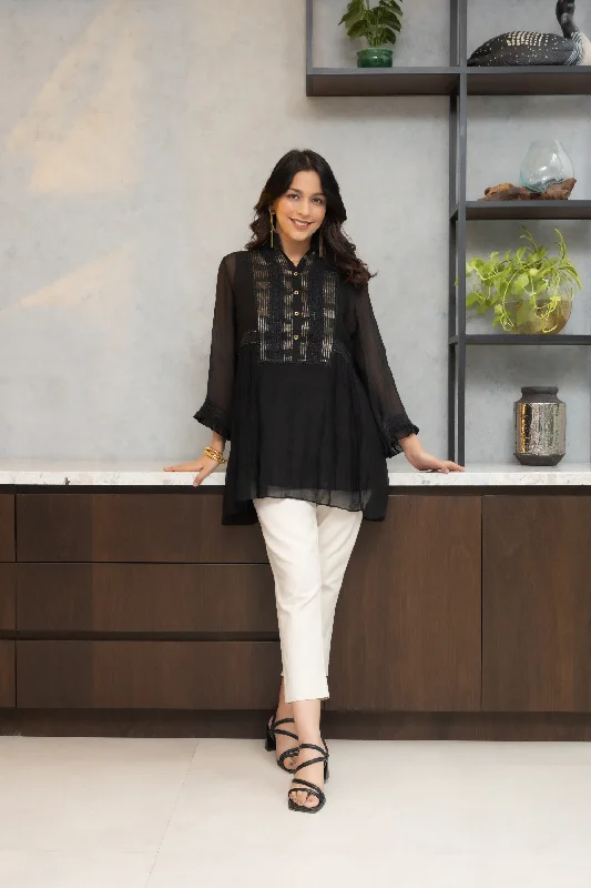 Black Chanderi Shirt, With Gold Striped Tissue Side Yokes.-- Zippered Front Buttoned Front Snap Front