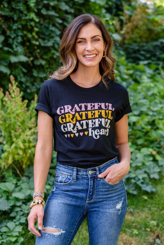 Hazel Blues® | Grateful Heart Graphic T-Shirt In Black-- Spandex Blend Rayon Blend Denim Blend