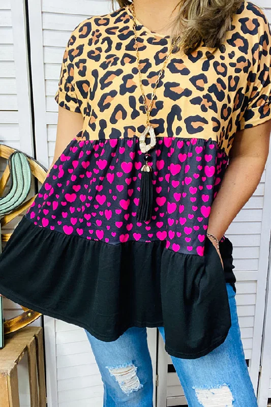 YMY14630 Leopard & Heart print ,black short sleeve doll blouse Lightweight Floral Blouse YMY14630 Leopard & Heart print ,black short sleeve doll blouse Lightweight Floral Blouse