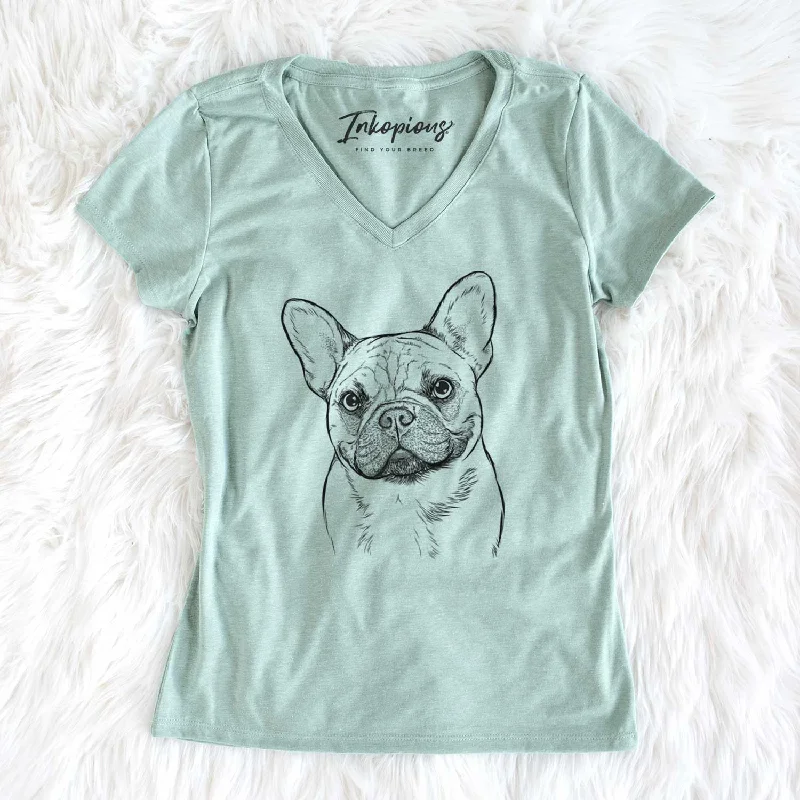 Bare Chew Chew the French Bulldog - Women's V-neck Shirt-- Print Jacquard Patchwork