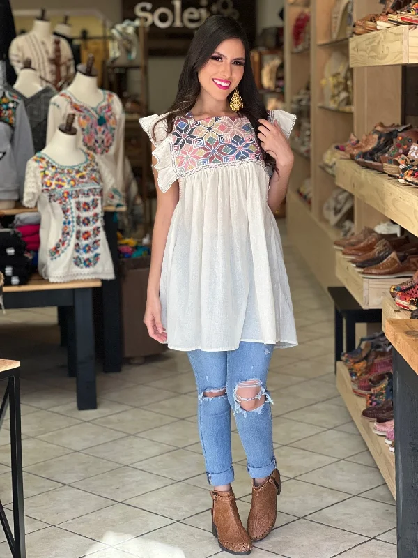Mexican Traditional Embroidered Flutter Sleeve Blouse. Blusa Larissa Estrella Lightweight Tunic Blouse Mexican Traditional Embroidered Flutter Sleeve Blouse. Blusa Larissa Estrella Lightweight Tunic Blouse