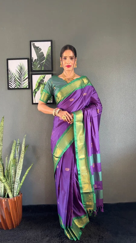 Malishka Export Cotton Silk Woven Ready To Wear Saree With Blouse Piece - Violate Puff Sleeve Blouse Malishka Export Cotton Silk Woven Ready To Wear Saree With Blouse Piece - Violate Puff Sleeve Blouse