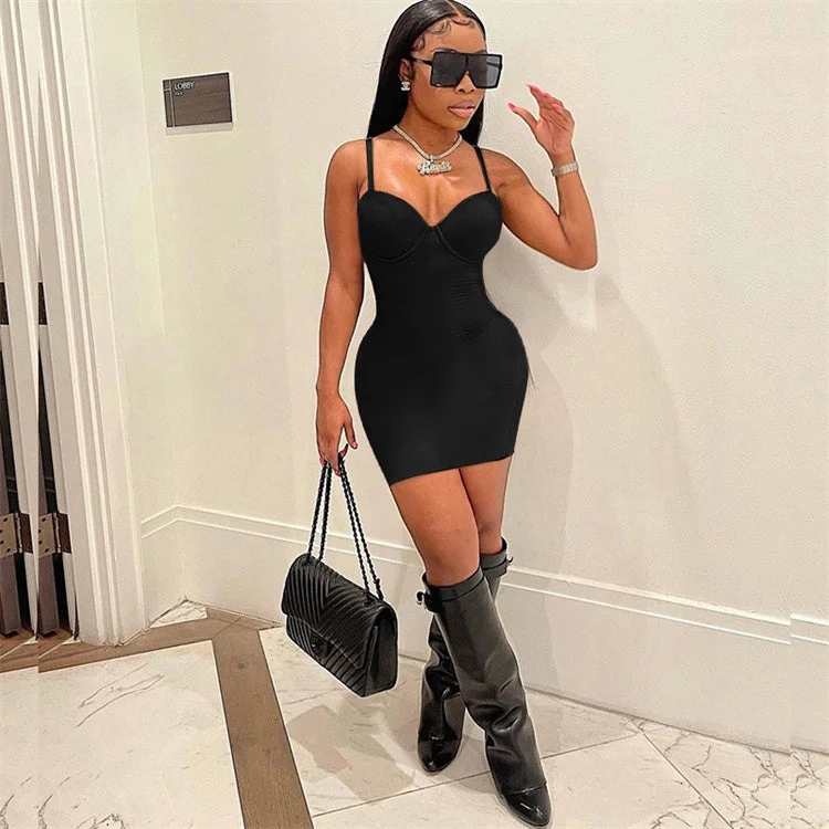 2022 summer solid color spaghetti strap sexy bodycon mini dress Chic Puff Sleeve Mini Dress