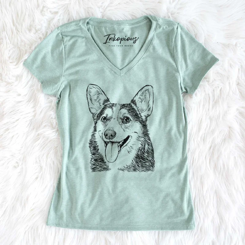 Bare Darma the Corgi - Women's V-neck Shirt-- Hooded Caped Shawl Collar