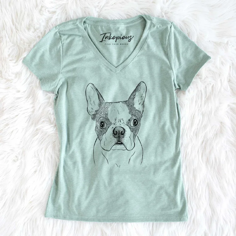 Bare Chocolate Chip the Boston Terrier - Women's V-neck Shirt-- Spandex Blend Rayon Blend Denim Blend