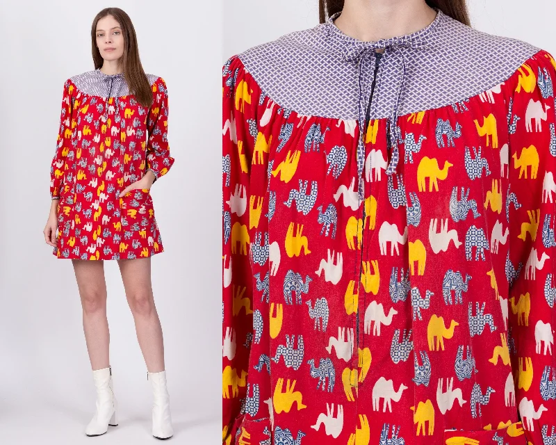60s Red Camel Novelty Print Mini Dress - Small Cozy Satin Mini Dress