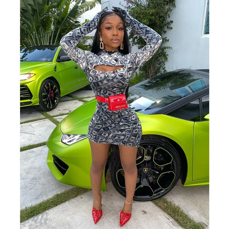Sexy Night Club Bodycon Dress with Gloves Money Print Velvet Long Sleeve Mini Dress African Dresses for Women Cozy Cotton Mini Dress