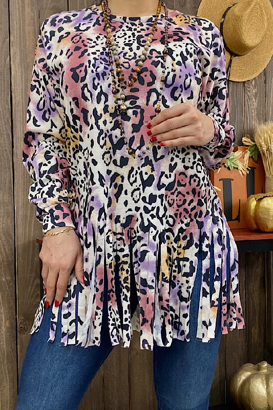 XCH9980 Beige leopard printed long sleeve blouse w/fringe tassels Versatile Layering Blouse XCH9980 Beige leopard printed long sleeve blouse w/fringe tassels Versatile Layering Blouse