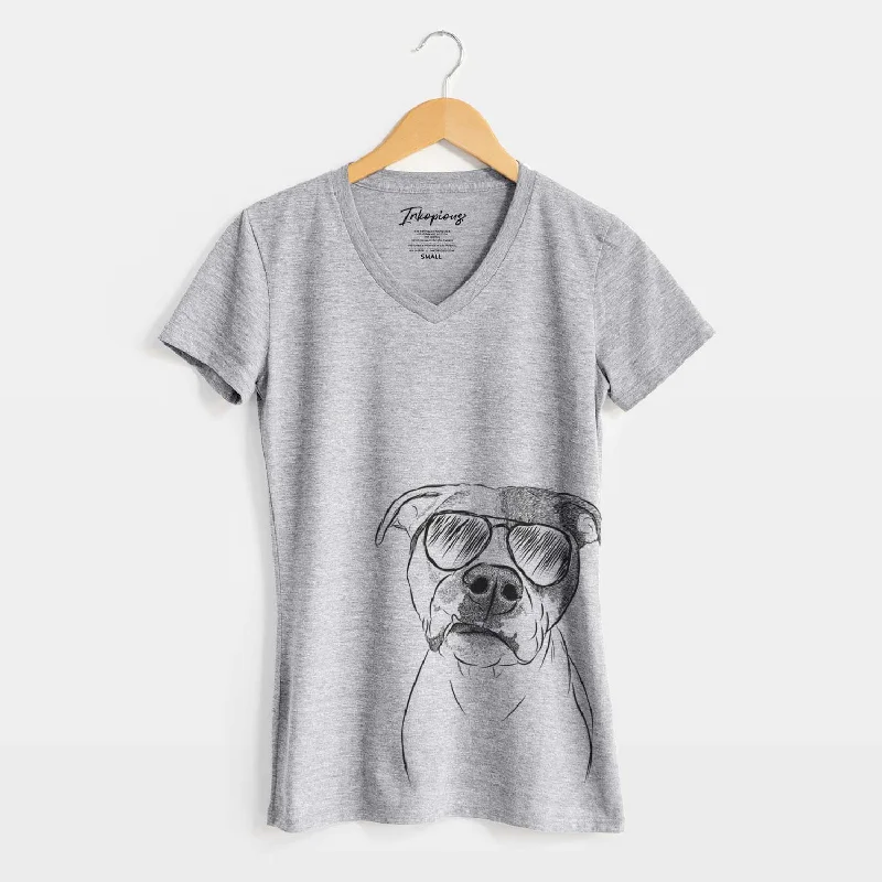 Aviator Dexter the Pitbull - Women's V-neck Shirt-- Wool Fabric Cashmere Fabric Tweed Fabric