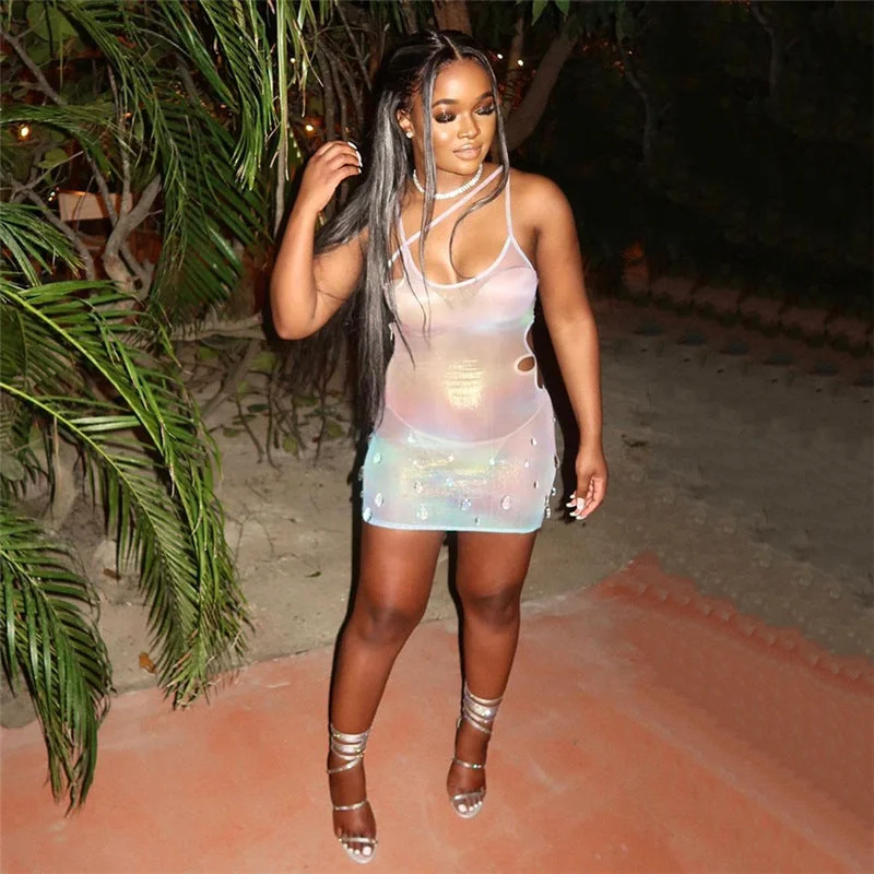 Fashion Sling Print Rhinestones Mesh Dress Sexy Hollow Out See Through Mini Dress Slim Fit Short Dresses Partywear Fashionable Denim Mini Dress