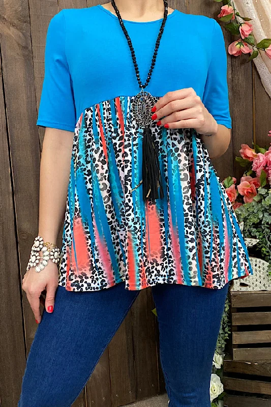 YMY9713 Blue/multi color leopard printed baby doll blouse Modern Oversized Blouse