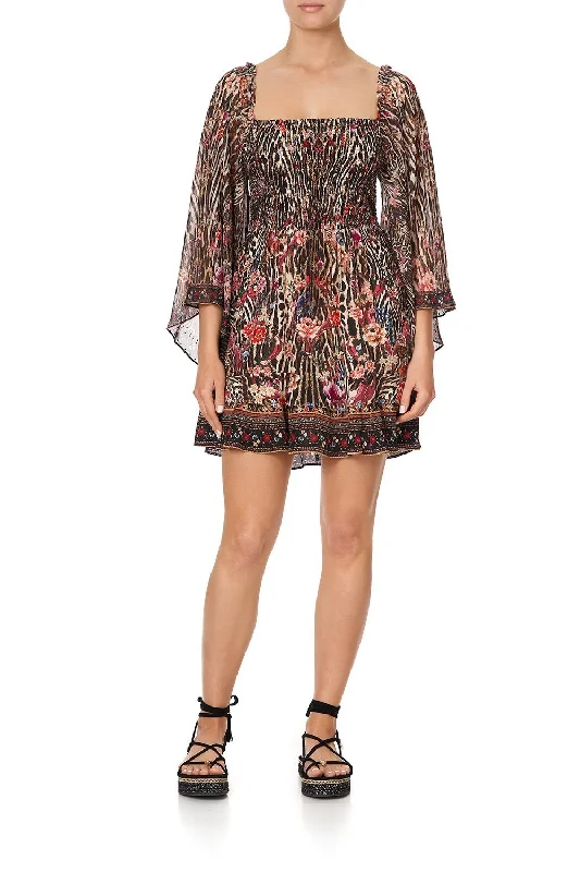 SHIRRED BODICE MINI DRESS LIV A LITTLE Comfortable Zip-Up Mini Dress