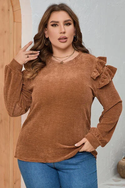 Rainy Plus Size Ruffled Round Neck Long Sleeve T-Shirt-- Notch Collar Peter Pan Collar Cowl Neck Rainy Plus Size Ruffled Round Neck Long Sleeve T-Shirt-- Notch Collar Peter Pan Collar Cowl Neck