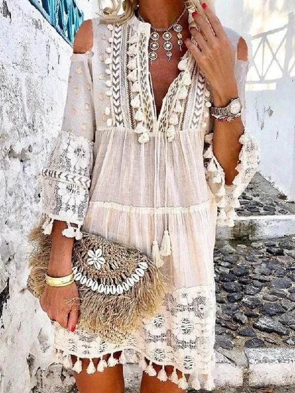 New Spring Embroidery Crochet Lace Boho Dress Women Elegant Off Shoulder Tassel Ruffle Mini Dress Summer V Neck Lady Beach Dress Trendy Button-Detail Mini Dress