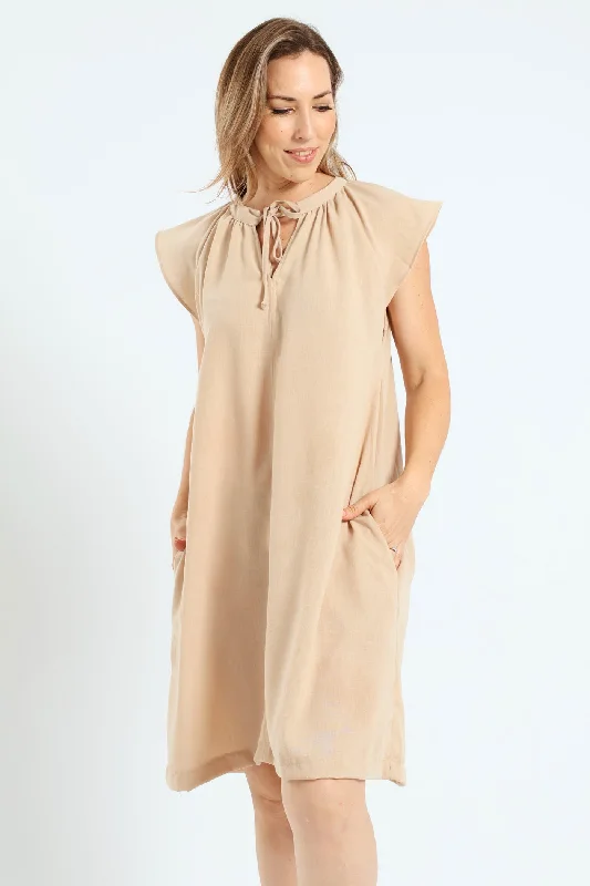 Raglan Flutter Sleeve Neck Tie Detail Mini Dress - Latte Cozy Ruched Mini Dress