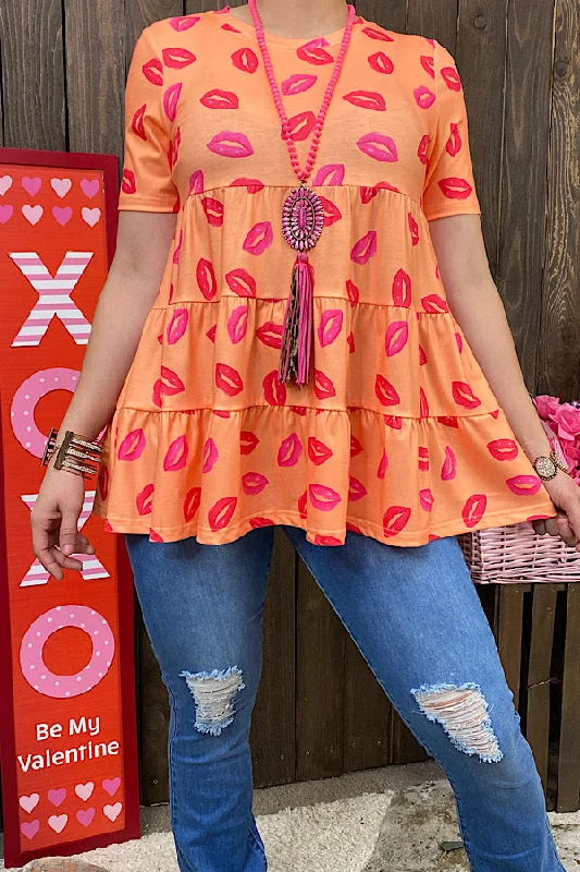 GJQ10850-2 Orange baby doll blouse w/kiss print Smart Casual Blouse