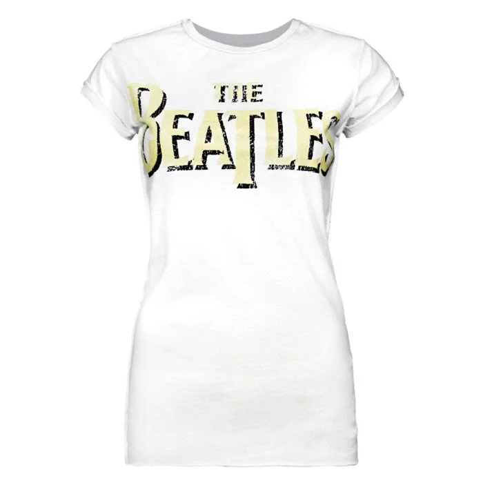 Amplified Womens/Ladies The Beatles Logo White T-Shirt-- Zippered Front Buttoned Front Snap Front Amplified Womens/Ladies The Beatles Logo White T-Shirt-- Zippered Front Buttoned Front Snap Front