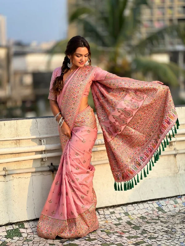 Pink Pashmina Silk Wevon Kashmiri Meenakari Designer Saree with Unstitched Blouse - Vandini Peter Pan Collar Blouse Pink Pashmina Silk Wevon Kashmiri Meenakari Designer Saree with Unstitched Blouse - Vandini Peter Pan Collar Blouse