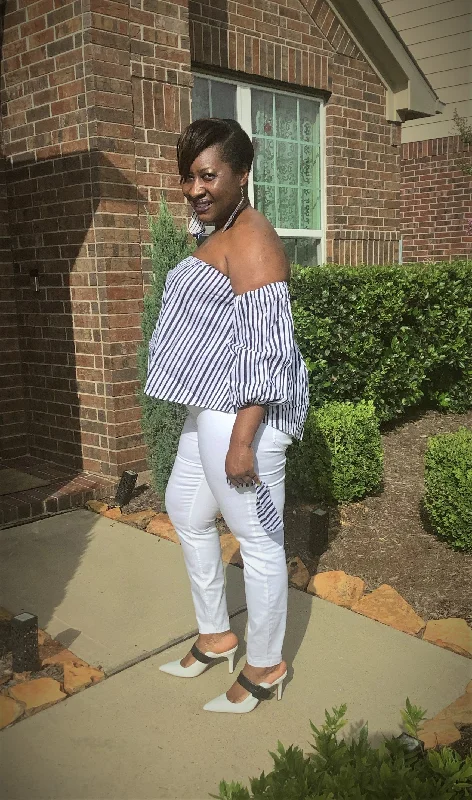 Women's Off Shoulder Blouse with Choker (Navy and white strips) Soft Modal Blouse
