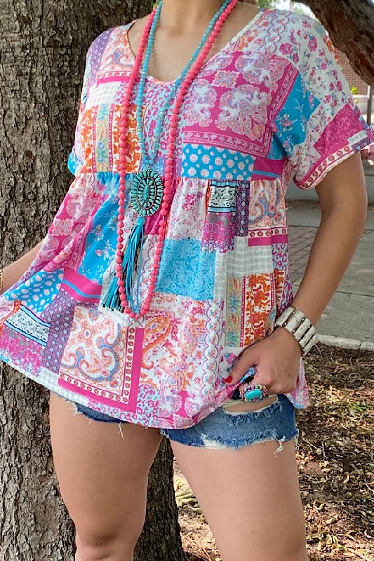 BQ13352 Multi patchwork printed baby doll blouse Peter Pan Collar Blouse