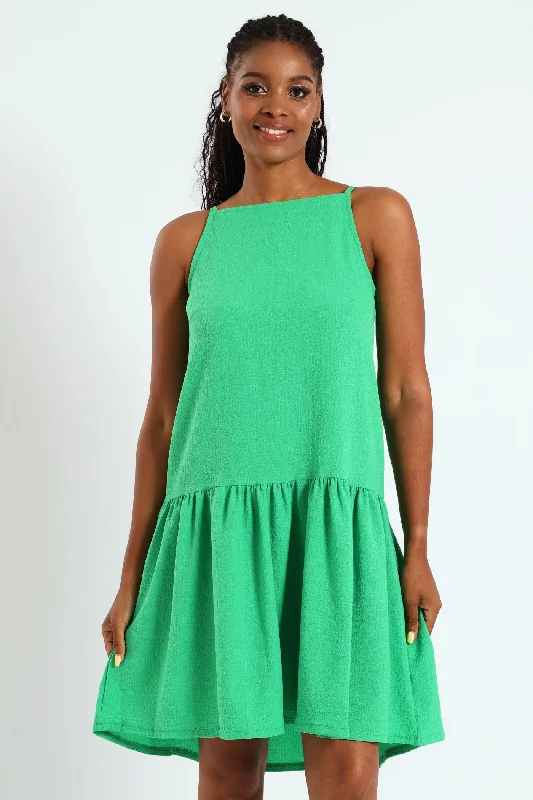 Hi-Neck Drop Waist Mini Dress - Bright Green Fashionable Lace-Trim Mini Dress