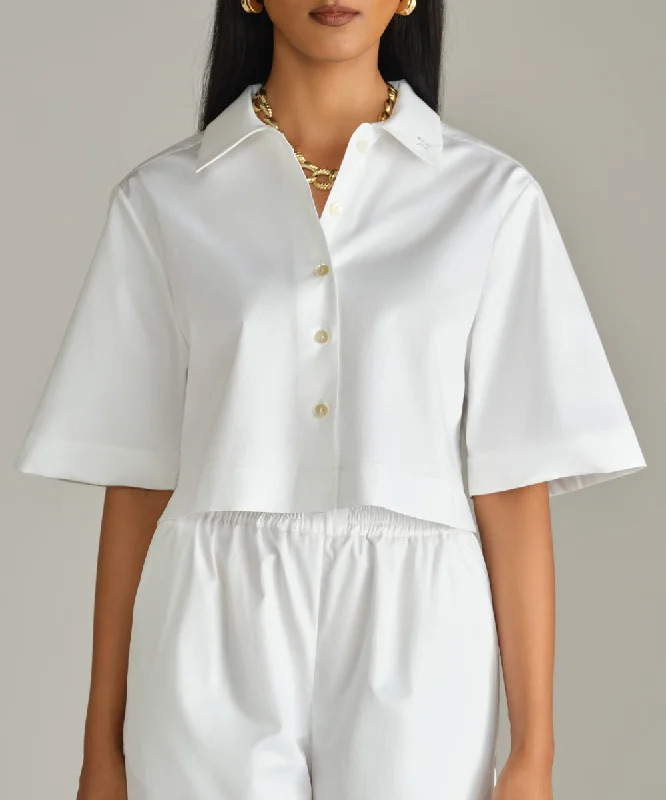 Egyptian Cotton Cropped Bowling Shirt-- Houndstooth Herringbone Solid