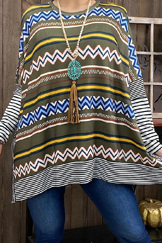 XCH10314 Multi color tribal/striped printed blouse Casual Stripe Blouse