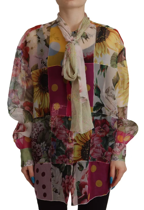 Dolce & Gabbana Multicolor Silk Ascot Collar Women's Blouse Elegant Silk Blouse