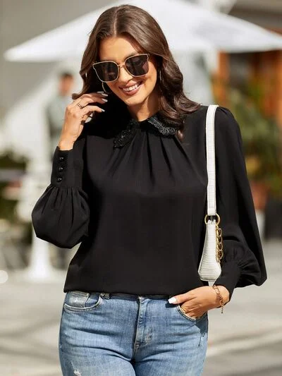Piper Ruched Keyhole Lantern Sleeve Shirt-- Lace Blend Ribbed Blend Corduroy Blend