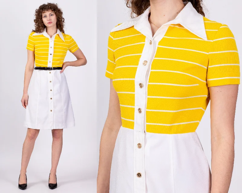 60s Yellow & White Striped Mini Dress - Small Classic Solid Mini Dress