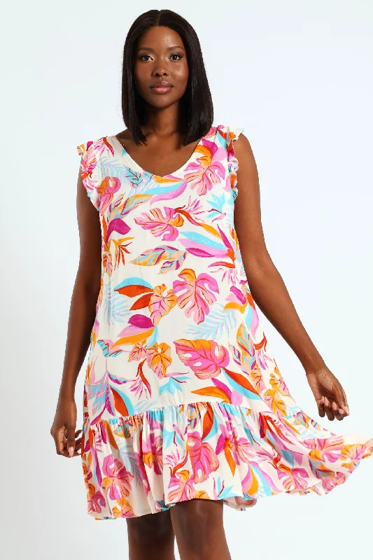 V-Neck Frill Sleeve Drop Hem Printed Mini Dress - White/Pink Classic Solid Mini Dress V-Neck Frill Sleeve Drop Hem Printed Mini Dress - White/Pink Classic Solid Mini Dress